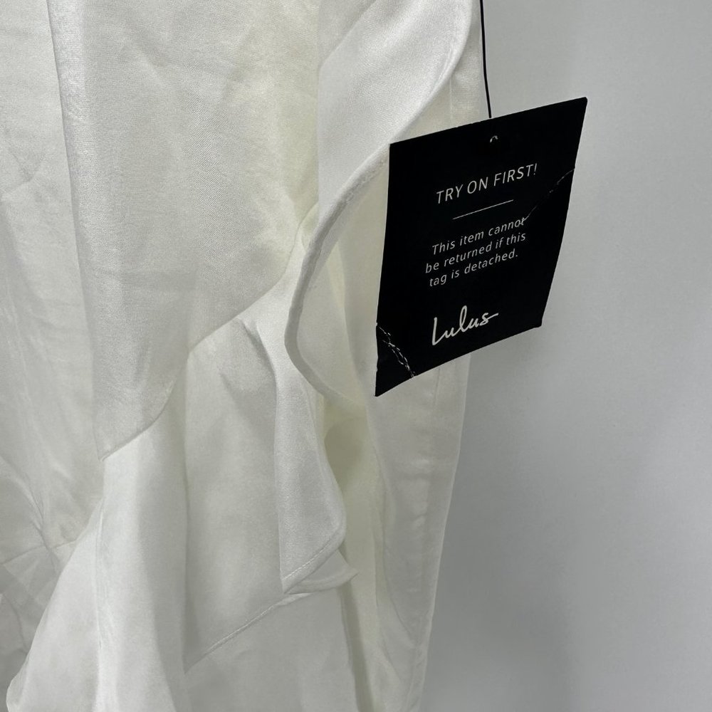 Lulu's Eternal Bond White Satin Ruffled Flutter Sleeve Maxi Dress Flawed NWT XL - Picture 8 of 12